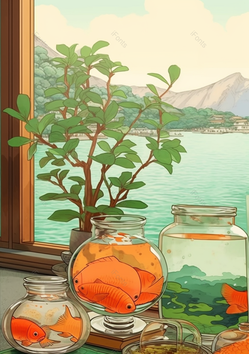 橙色金鱼晚霞卡通动物插画背景,插画/手绘图,插画/手绘图库,插画/手绘图下载,插画/手绘
